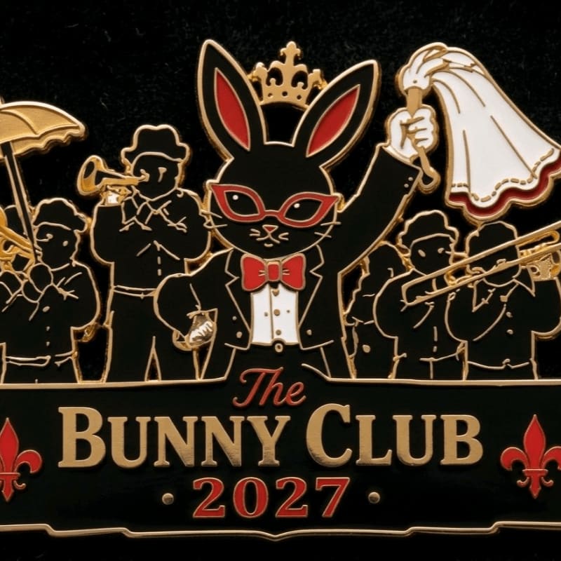 A masked bunny in a tuxedo and crown stands in the foreground, holding a white cloth, with a silhouette of a marching band in the background above a sign reading "The BUNNY CLUB 2027."