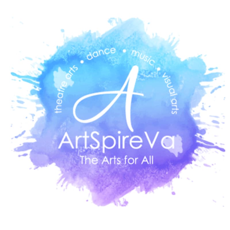 A white stylized letter "A" and the text "ArtSpireVa: The Arts for All" are centered over a blue and purple watercolor splash background.