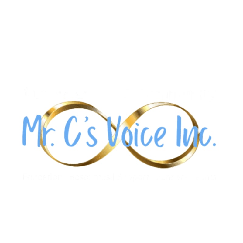 Blue text reading "Mr. C's Voice Inc." is layered over a golden infinity symbol against a plain white background.