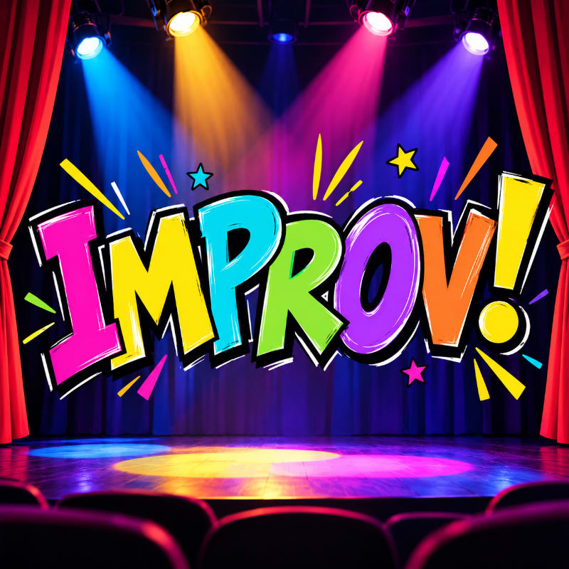 A colorful "IMPROV!" sign stands center stage in the foreground, set against a background of a theater stage with red curtains and vibrant spotlights.