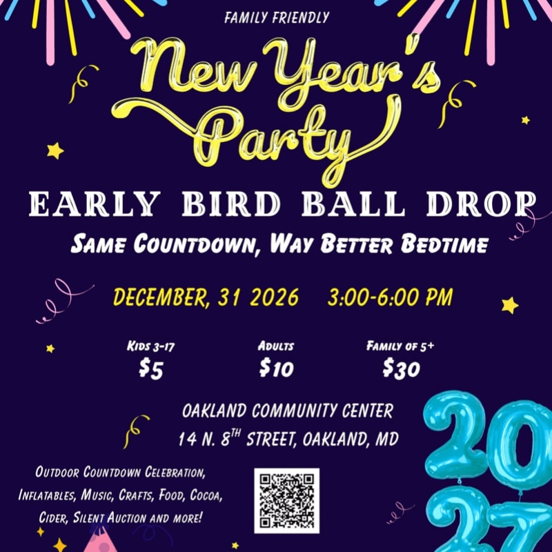 Yellow and white event text for a family-friendly New Year's Party is centered over a dark purple background decorated with colorful confetti and blue balloons.