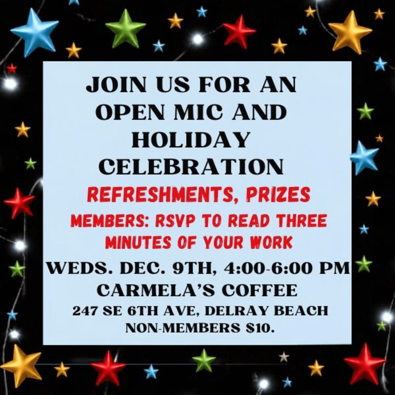 A white announcement flyer for an open mic and holiday celebration sits in the foreground, surrounded by a black background decorated with colorful 3D stars.