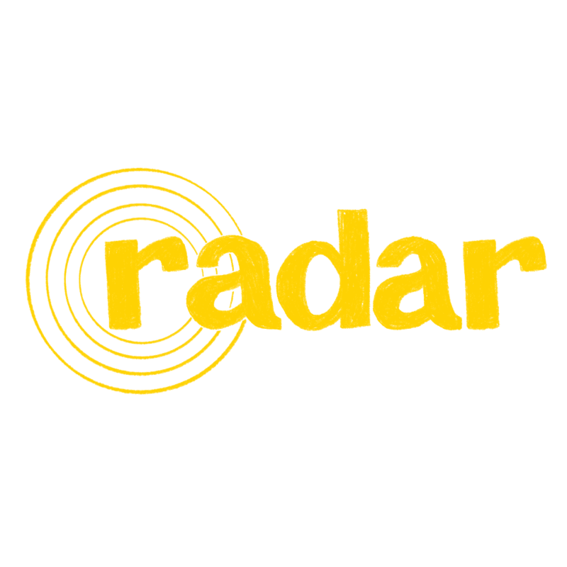 The word "radar" in yellow lowercase letters with concentric circles around the first letter is set against a plain white background.