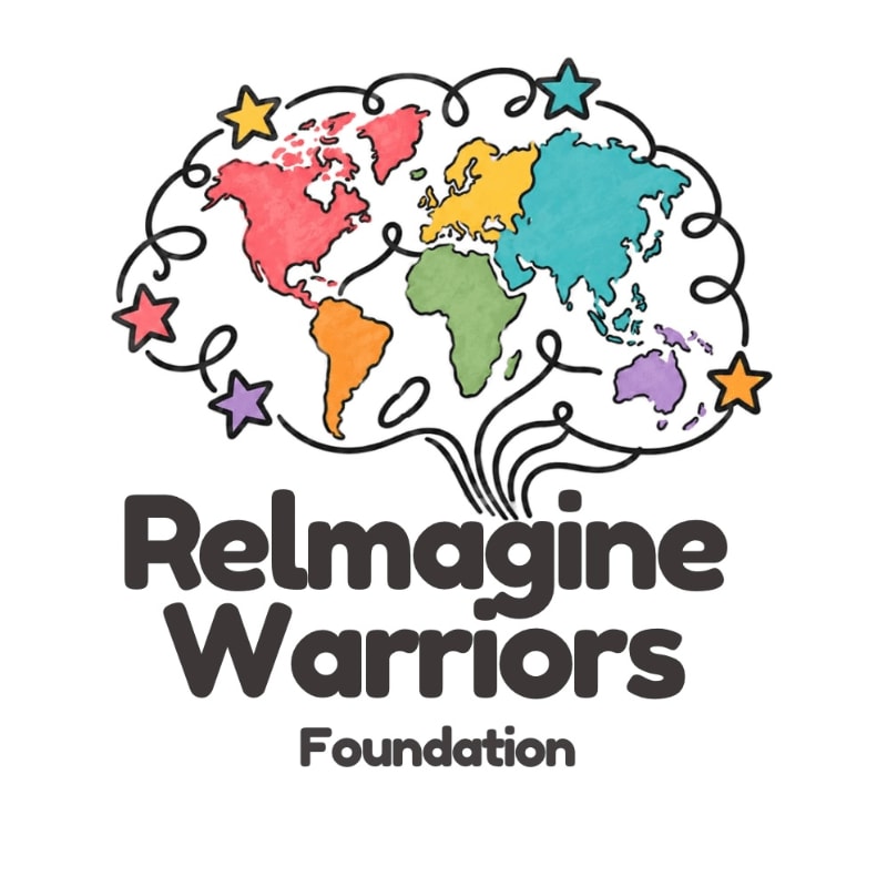 A colorful world map shaped like a brain with stars and swirls sits above the text "Relmagine Warriors Foundation" against a plain white background.