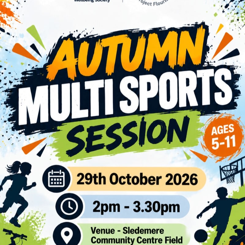 Colorful text announcing an "Autumn Multi Sports Session" dominates the center, with silhouettes of children playing sports in the foreground and a white background with artistic paint splatters.