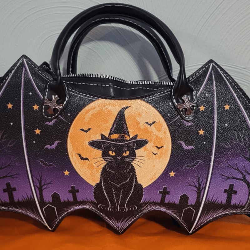A bat-shaped black handbag features a painted scene of a black cat in a witch hat against a large orange moon and a purple graveyard background.