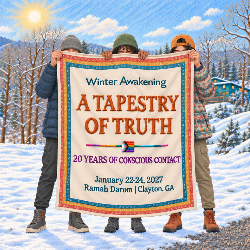 Three people hold a large banner reading "A Tapestry of Truth" in a snowy winter landscape with a bright sun and distant mountains.