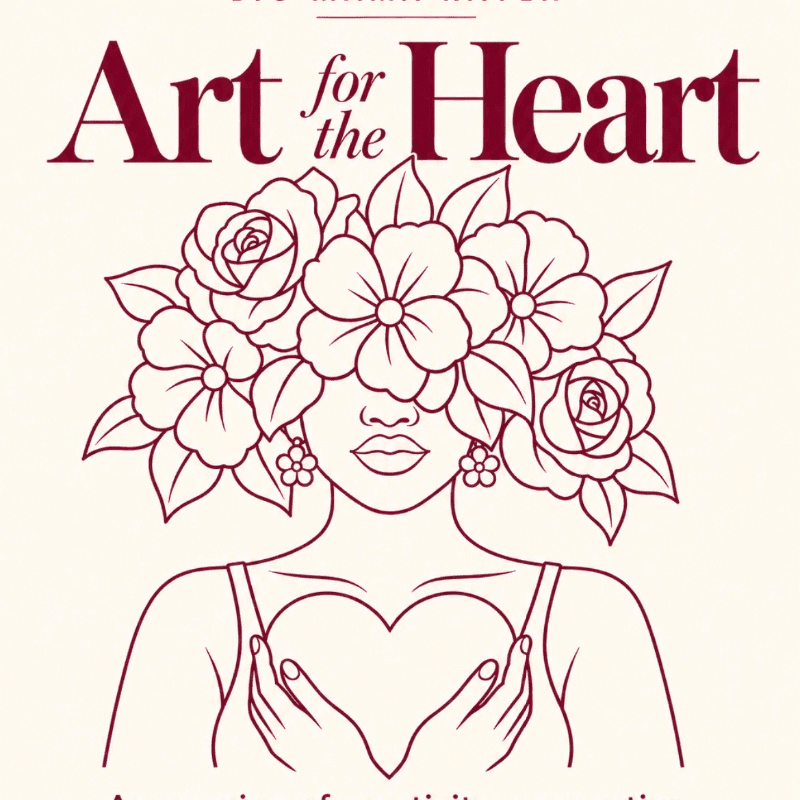 A line drawing of a woman with flowers over her eyes and her hands holding a heart is set against a plain cream background with the text "Art for the Heart" above her.