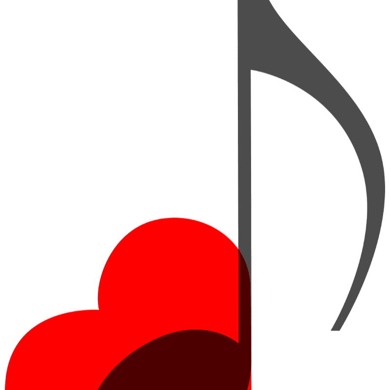 A red heart sits in the foreground against a white background featuring a grey musical note.