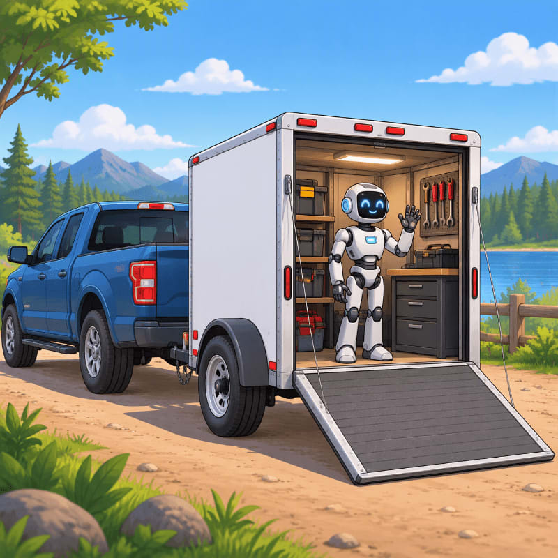 A white robot stands inside a mobile workshop trailer towed by a blue pickup truck on a dirt road, with mountains and a lake in the background.