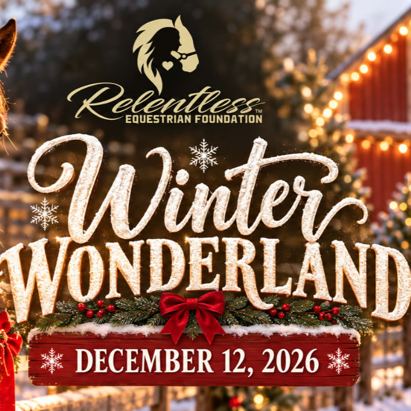 Snow-covered "Winter Wonderland" text and a date banner sit in the foreground against a blurred background of a festive barn and holiday lights.