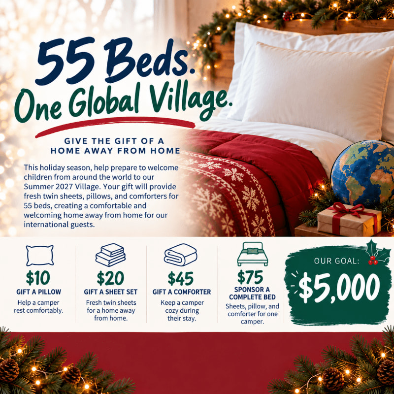 A promotional flyer for a bedding fundraiser features a cozy bed with a red blanket and a globe in the foreground, set against a festive holiday background.