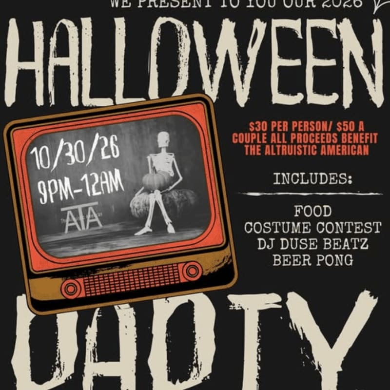 A vintage television displaying a skeleton and event details sits in the foreground against a black background with large, stylized white text.