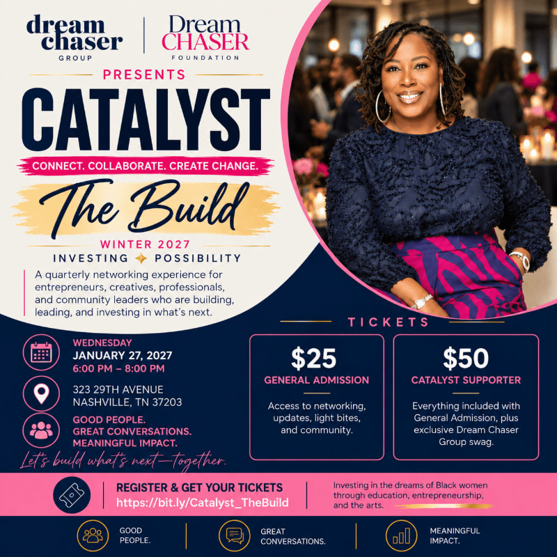 A smiling woman in a blue textured top and colorful skirt stands in the foreground against a blurred background of people at an event, all set within a promotional flyer for "Catalyst: The Build."