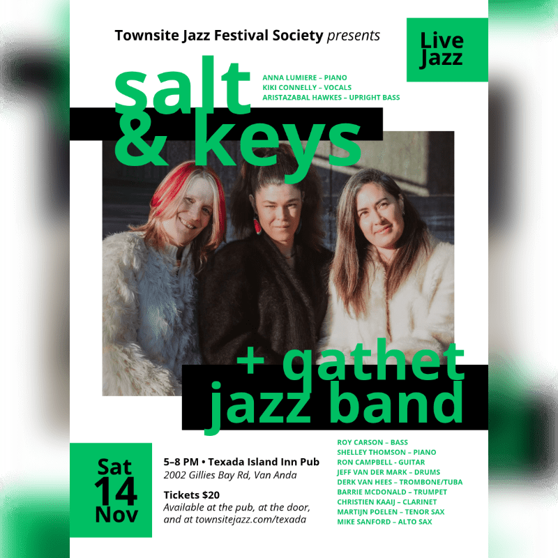 Three women pose together in the center foreground of a green and white promotional jazz concert poster.