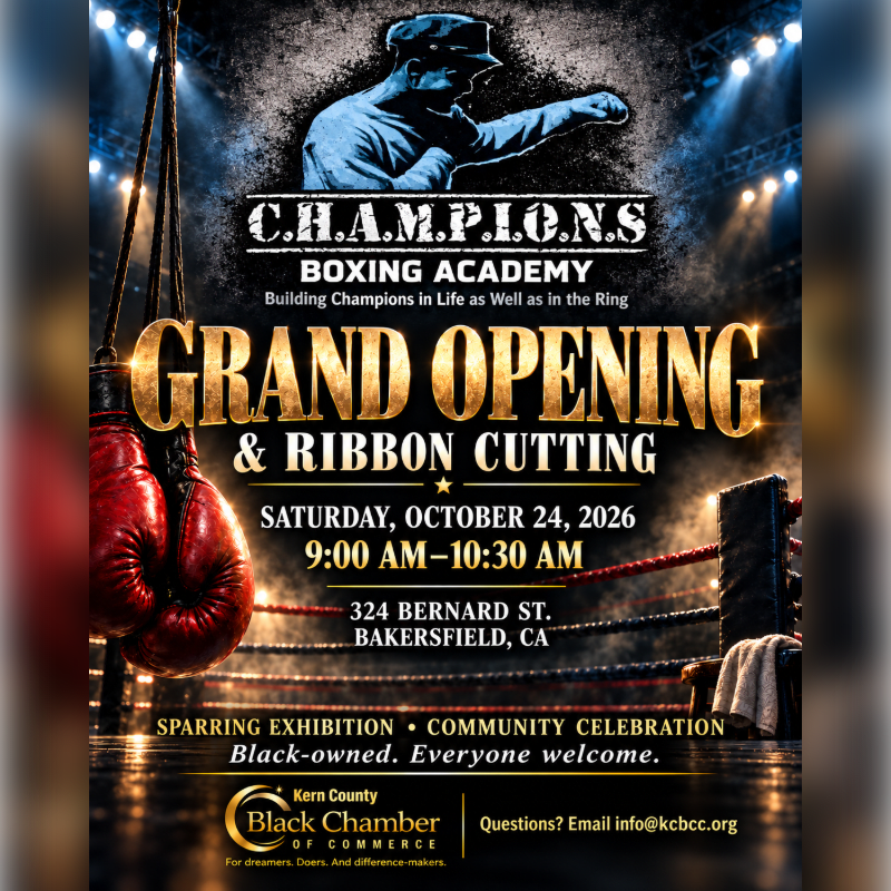 Red boxing gloves hang in the foreground of a grand opening flyer for C.H.A.M.P.I.O.N.S Boxing Academy, set against a dark gym background featuring a boxer's silhouette and bright spotlights.