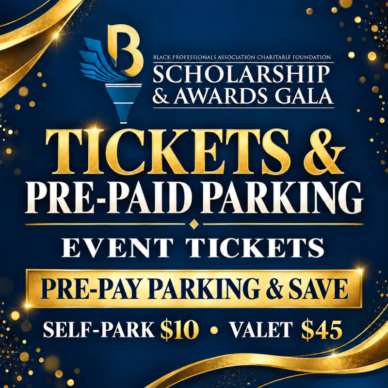 Gold and white text advertising tickets and parking for a Scholarship & Awards Gala is set against a dark blue background with shimmering gold swirls and bokeh lights.