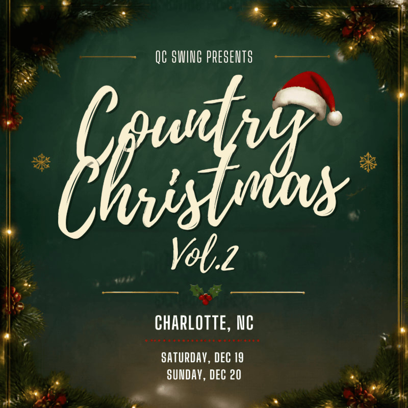 Stylized white text reading "Country Christmas Vol. 2" and event details sit in the center of a dark green textured background framed by festive pine branches and holiday decorations.