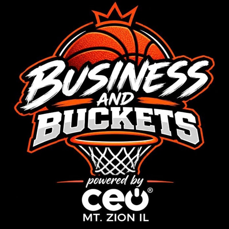 A logo featuring a basketball with a crown and a hoop surrounding the text "BUSINESS AND BUCKETS" set against a solid black background.