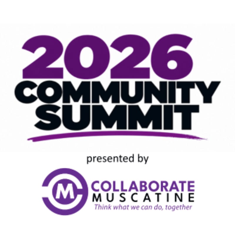 Purple and black text announcing the "2026 Community Summit" and "Collaborate Muscatine" is centered against a plain white background.