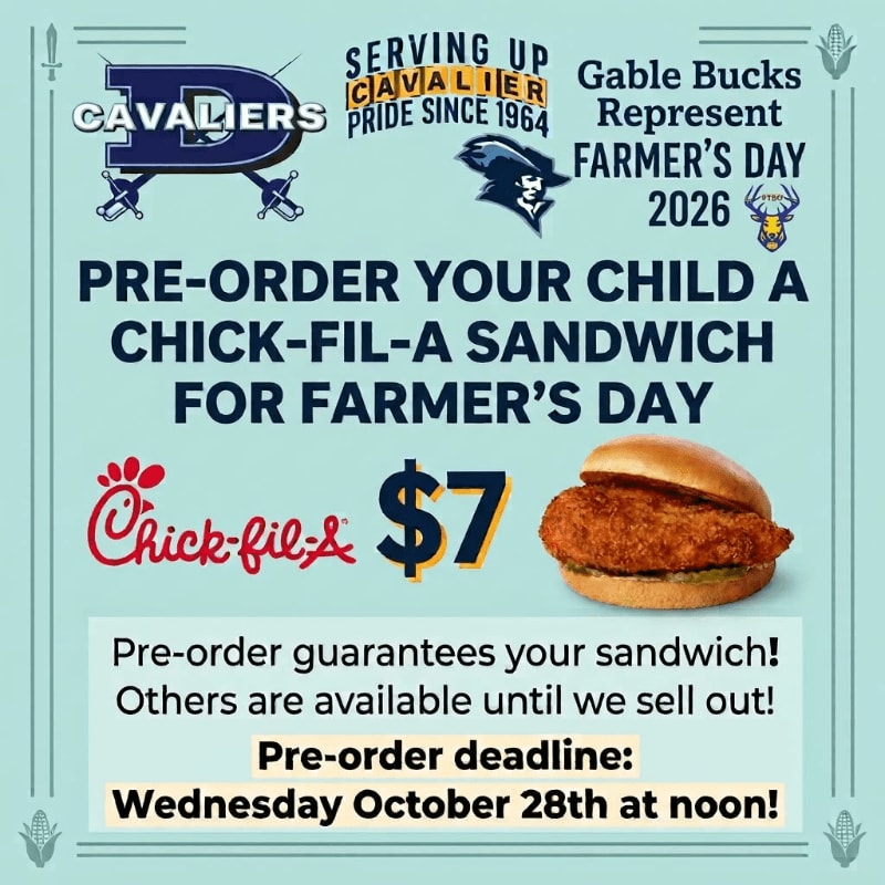 A Chick-fil-A sandwich and pricing are featured in the foreground of a light blue promotional flyer containing school logos and event details in the background.