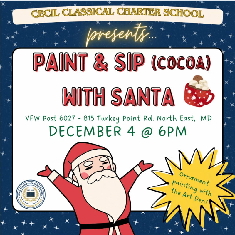 A promotional flyer for a "Paint & Sip (Cocoa) with Santa" event features a cartoon Santa and event details in the foreground against a dark blue starry background.