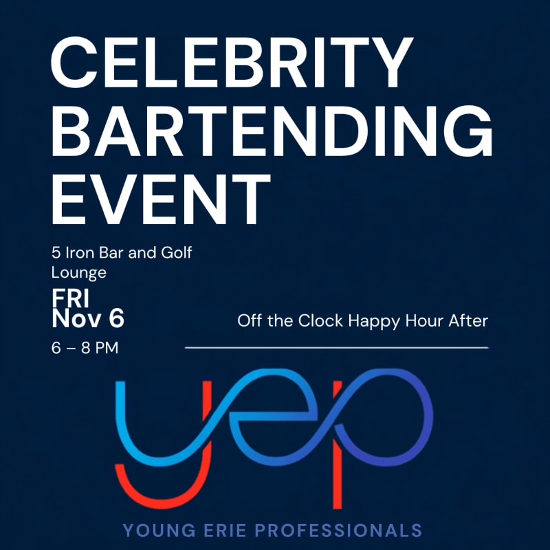 White and blue text announcing a Celebrity Bartending Event and the Young Erie Professionals logo are set against a dark blue background.