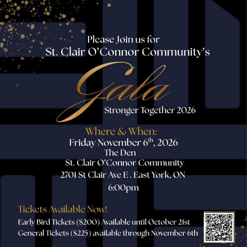 Gold and white event text for a community gala is centered over a dark blue background with gold glitter accents in the upper left corner.