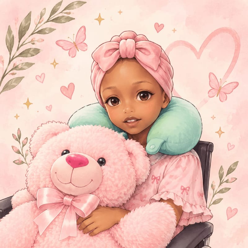 A young girl wearing a pink headwrap and neck pillow hugs a large pink teddy bear against a whimsical pink background filled with hearts, butterflies, and leaves.