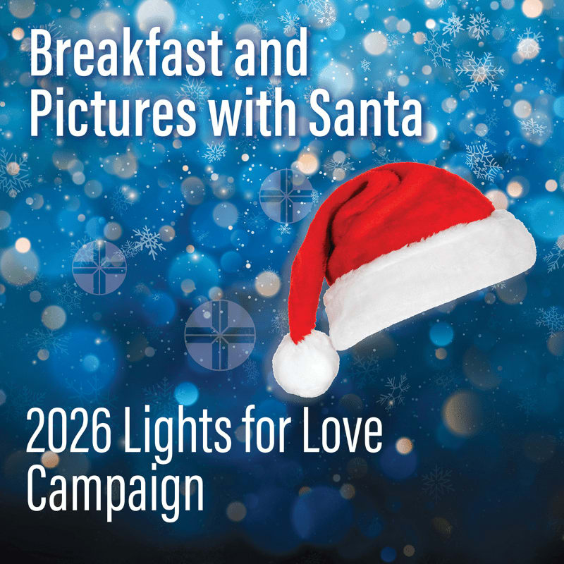 A red and white Santa hat and promotional text sit in the foreground against a shimmering blue bokeh background with snowflakes.