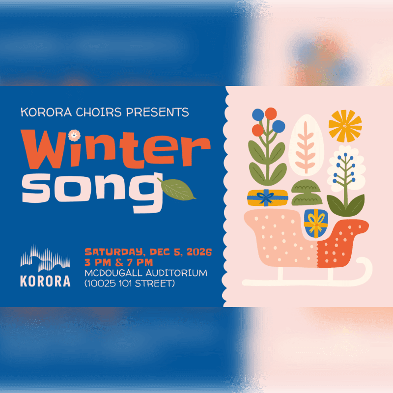 A blue and white promotional flyer for "Winter Song" by Korora Choirs features event details on the left and festive illustrations of plants and a sleigh on the right.