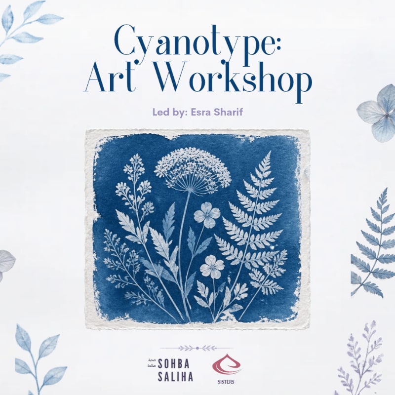 A blue cyanotype print of botanical plants is centered on a white background featuring workshop text and decorative floral accents.