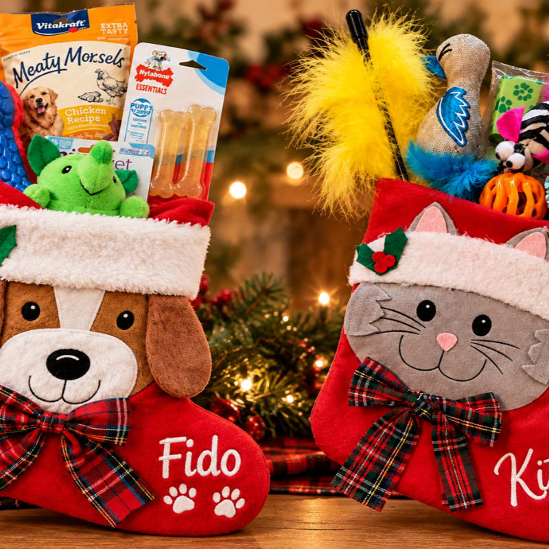 Two festive red pet stockings filled with treats and toys sit in the foreground against a blurred background of a Christmas tree with glowing lights.