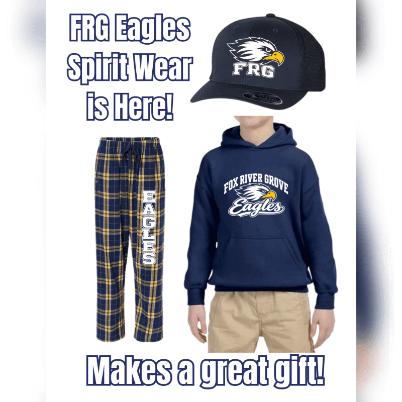 A collection of navy blue FRG Eagles spirit wear, including a hat, hoodie, and plaid pants, is displayed against a plain white background with promotional text.