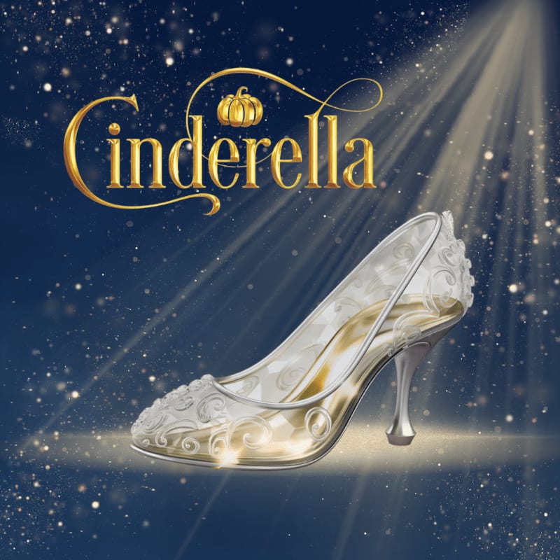 A sparkling glass slipper sits in the foreground against a dark blue, starry background featuring the golden "Cinderella" logo and a beam of light.