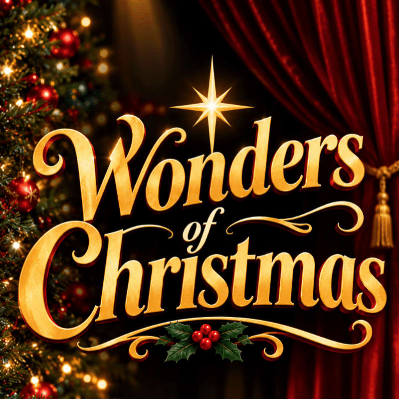 Golden "Wonders of Christmas" text sits in the foreground, framed by a decorated Christmas tree on the left and red velvet curtains on the right.