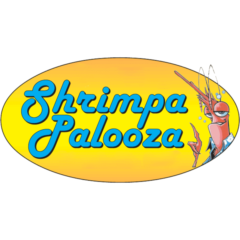 Blue "Shrimpa Palooza" text and a cartoon shrimp are set against a yellow oval background.