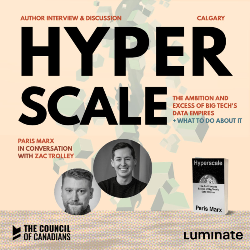 Bold black text reading "HYPER SCALE" and portraits of two men sit in the foreground against a pale background featuring a faint, stylized map of Canada.