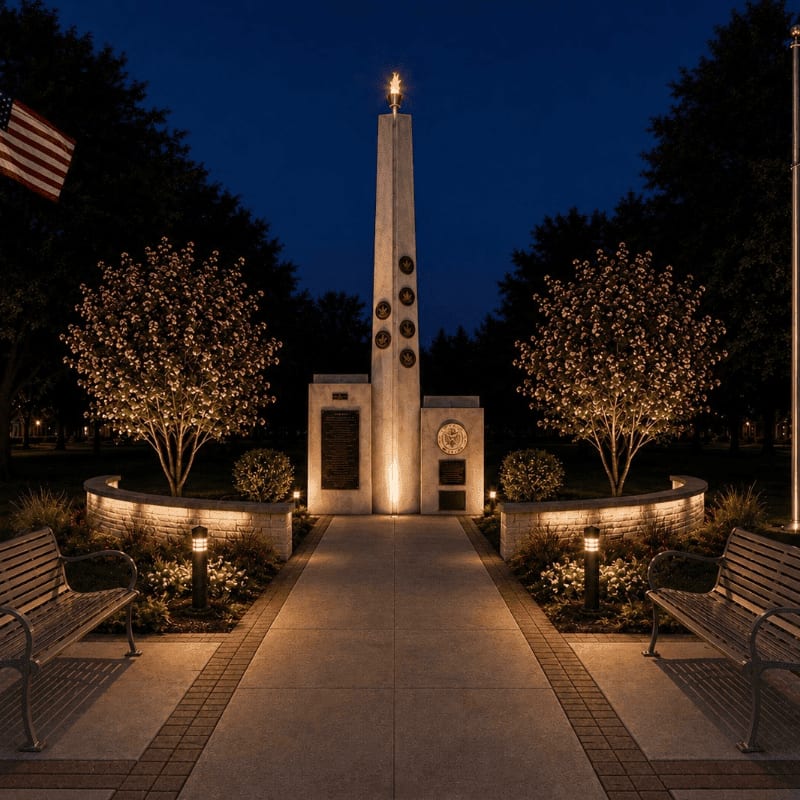 A memorial monument with a flame at its peak stands in the background, while two illuminated benches and trees line a pathway in the foreground.