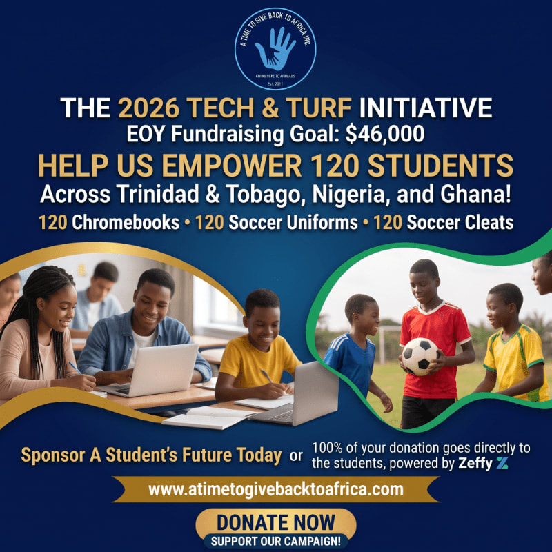 A fundraising flyer for "The 2026 Tech & Turf Initiative" features students using laptops and playing soccer in the foreground against a dark blue background with white and yellow text.