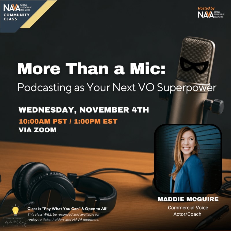 A promotional flyer for a voice-over class features a pair of headphones and a microphone in the foreground against a dark, blurred background with white and yellow text.