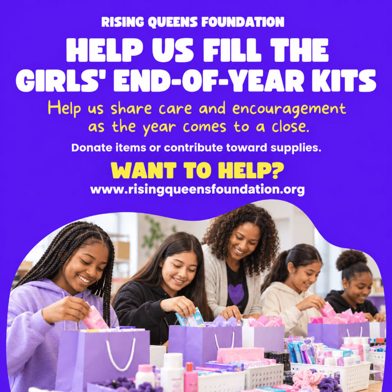 Four smiling girls pack purple gift bags in the foreground against a blurred indoor background, all set within a purple promotional graphic for the Rising Queens Foundation.