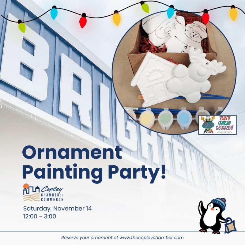 An advertisement for an ornament painting party features white ceramic ornaments and paint in a circular inset over a background of a building with large white letters and colorful string lights.