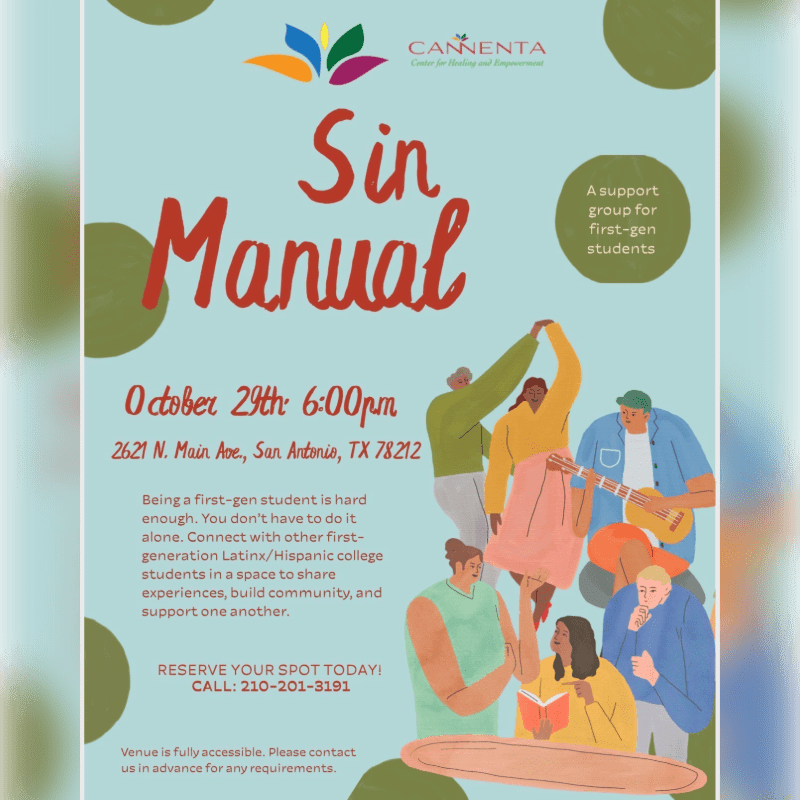 An event flyer for "Sin Manual," a support group for first-gen students, features an illustration of a diverse group of people in the foreground against a light blue background with decorative green circles.