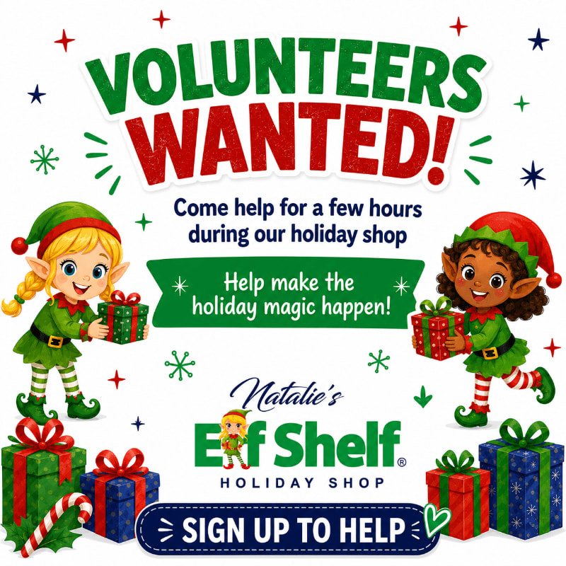 Two cheerful elves hold gift boxes in the foreground of a white background featuring "VOLUNTEERS WANTED!" text and holiday decorations.