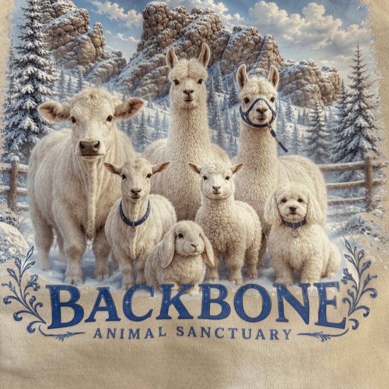 A group of fluffy white animals, including a cow, alpacas, sheep, and a dog, stand together in a snowy landscape with pine trees and rocky mountains in the background.