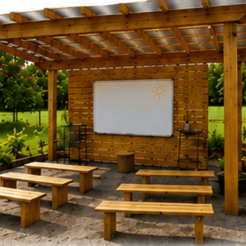 Wooden benches face a whiteboard mounted on a timber wall under a pergola, with lush green trees in the background.