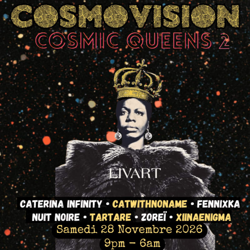 A crowned woman in a fur coat stands in the foreground against a dark, starry cosmic background with event text.