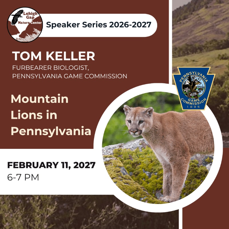 A mountain lion stands in a circular frame against a brown background featuring event details and a Pennsylvania Game Commission logo.
