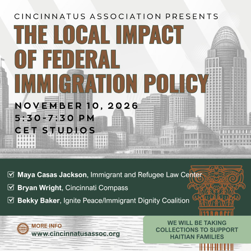 Brown and black text announcing an event on immigration policy sits in the foreground over a grayscale sketch of a city skyline in the background.